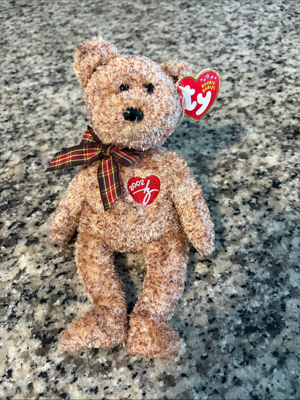 Ty Plush Bear with Plaid Bow and Embroidered Heart - Brown